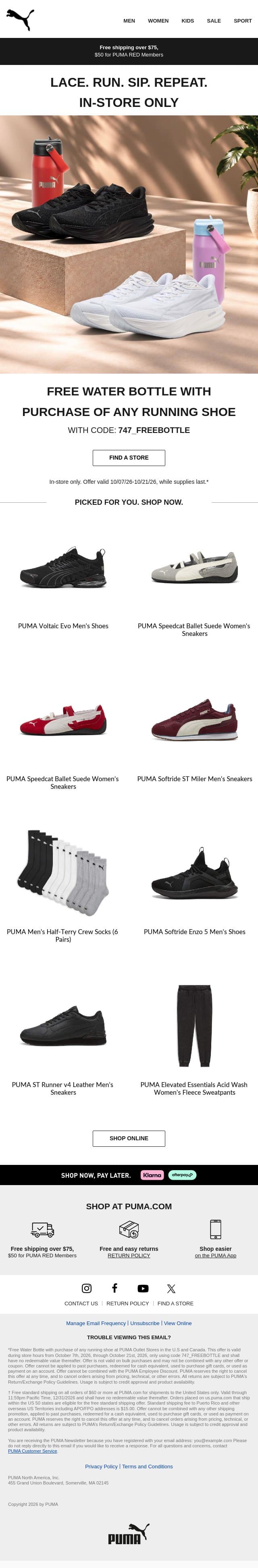 Lace Up With a Free Water Bottle email from Puma screenshot