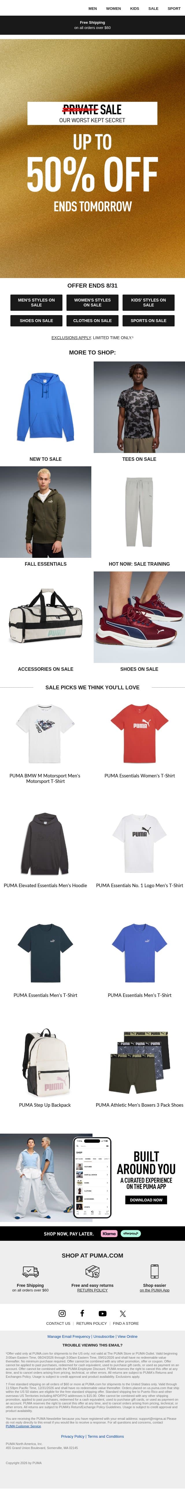 Up to 50% Off email from Puma screenshot