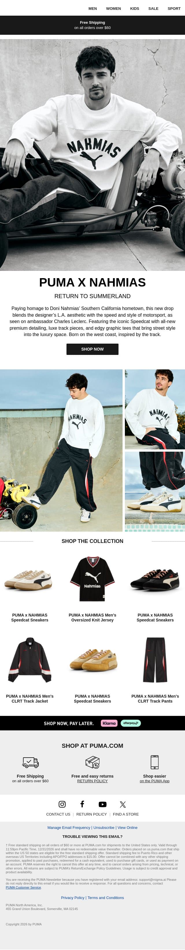 PUMA x NAHMIAS is Back email from Puma screenshot