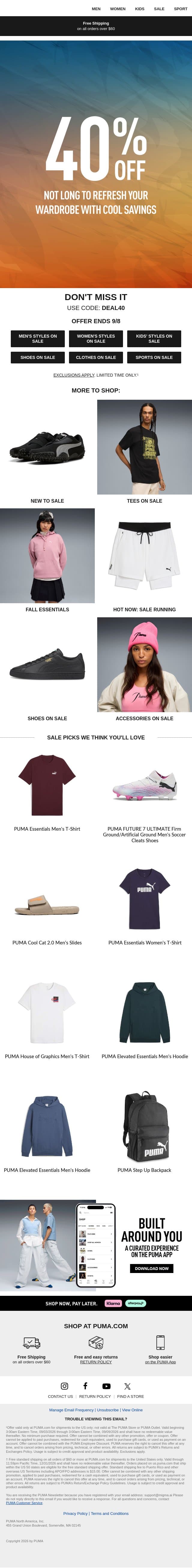 40% Off: Save on Fall Favorites email from Puma screenshot