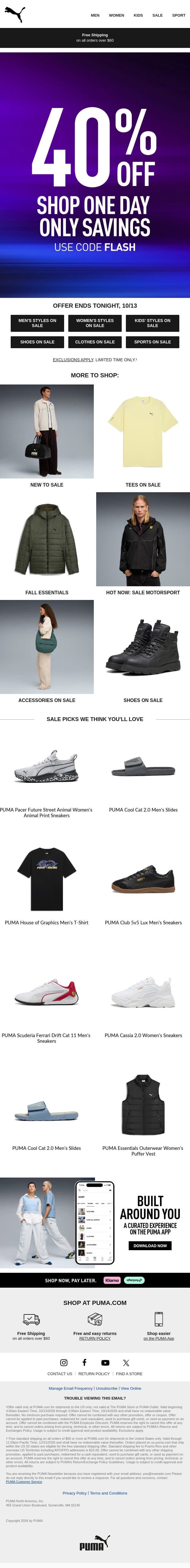 40% Off One Day Only email from Puma screenshot