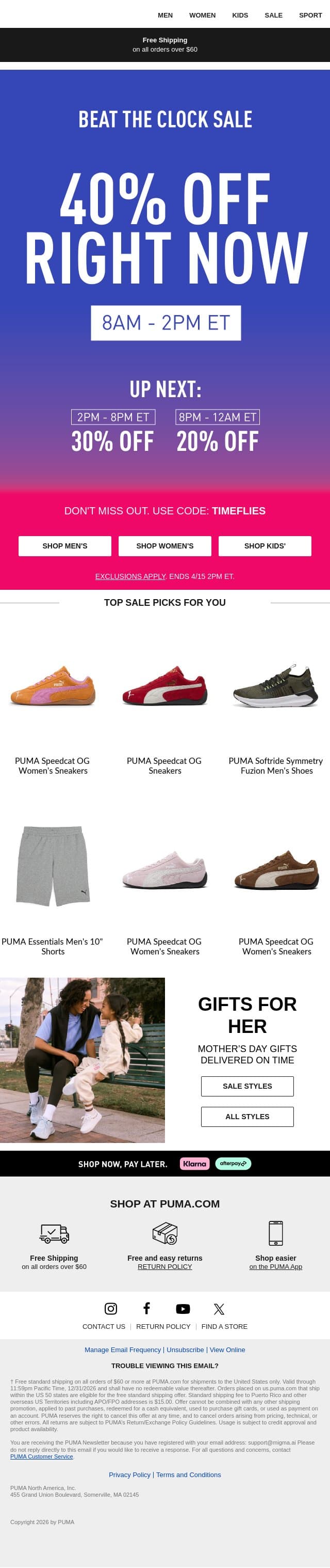 IT’S ON ⏰: 40% Off For a Limited Time email from Puma screenshot