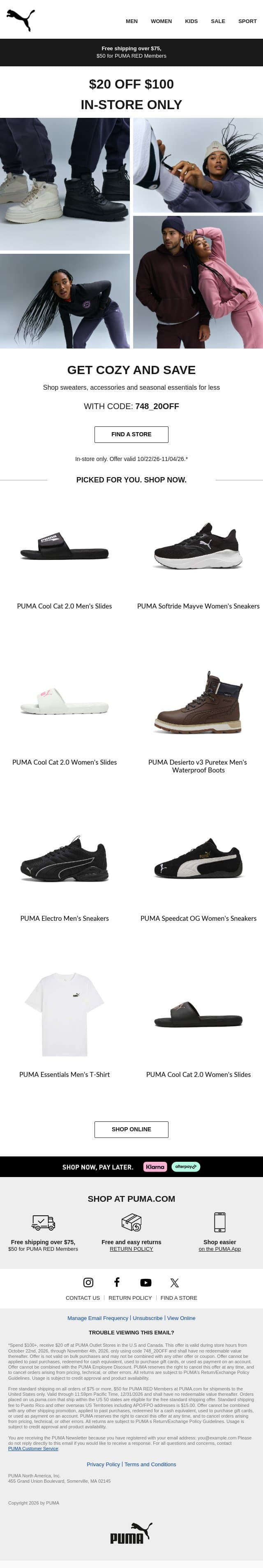 Fall is Here: $20 off $100 email from Puma screenshot