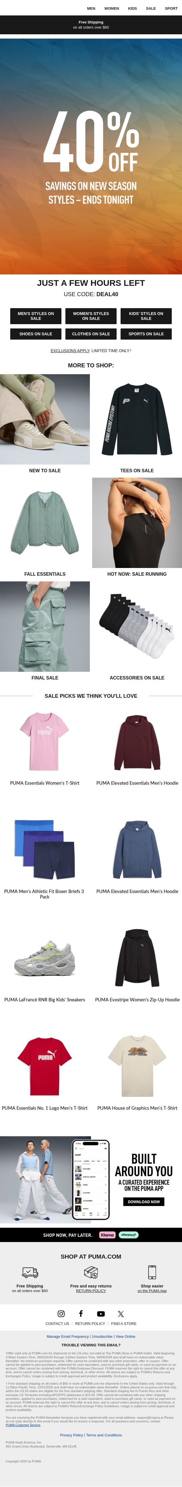 Get Ready for Fall With 40% Off email from Puma screenshot