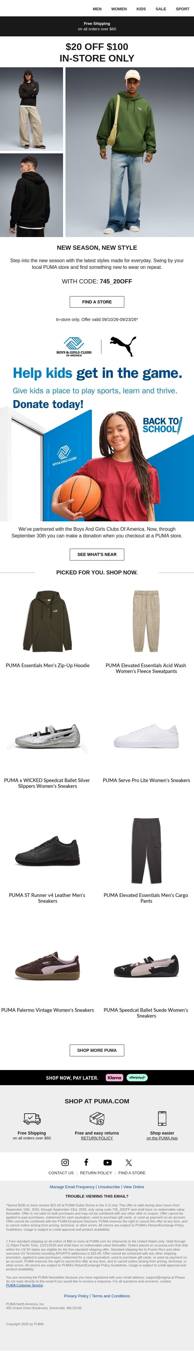 Save $20 on Fall Styles email from Puma screenshot