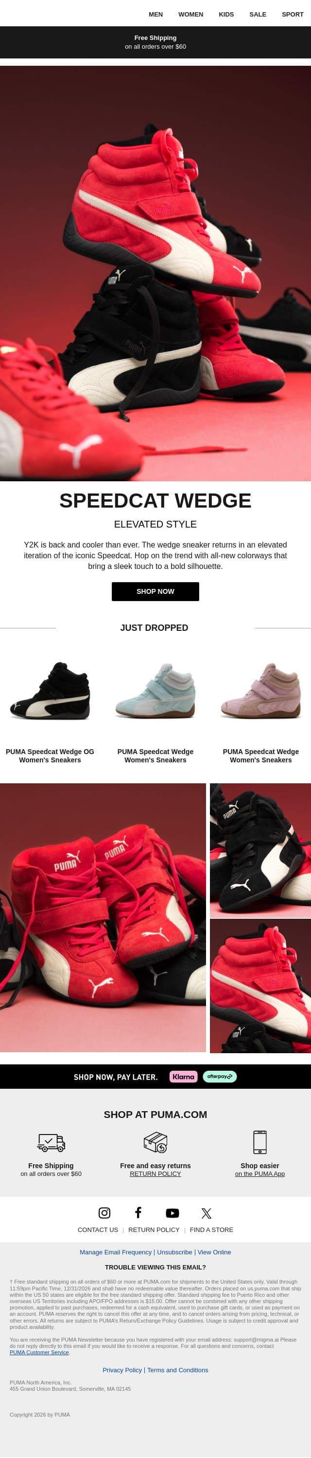 The Speedcat Wedge Returns email from Puma screenshot