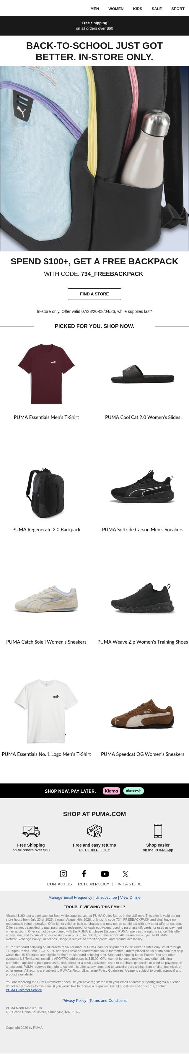 Free Backpack With Purchase of $100+ email from Puma screenshot