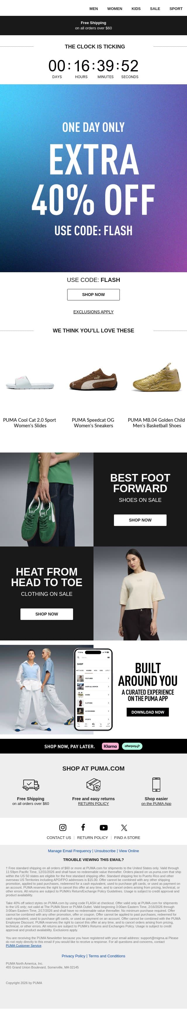 1 DAY ONLY: Extra 40% Off email from Puma screenshot