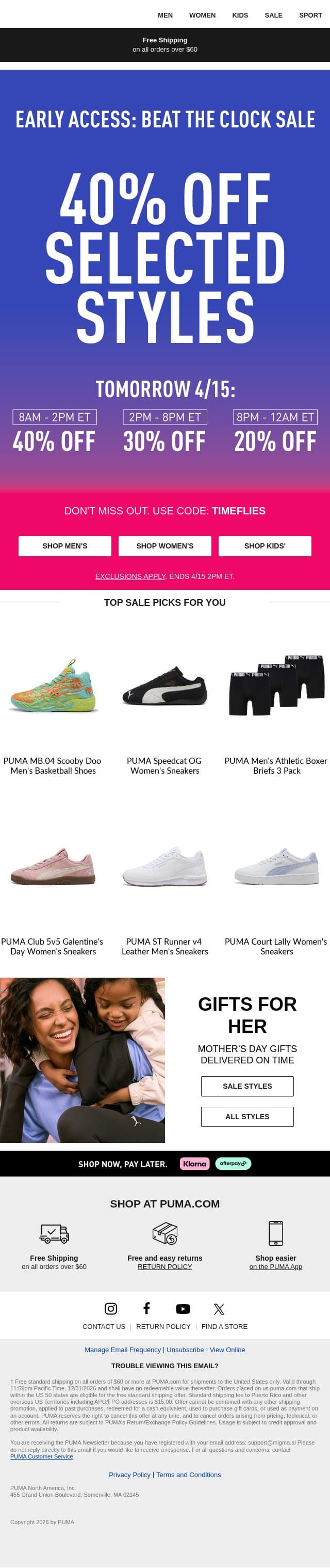 EARLY ACCESS: 40% Off Starts Now email from Puma screenshot