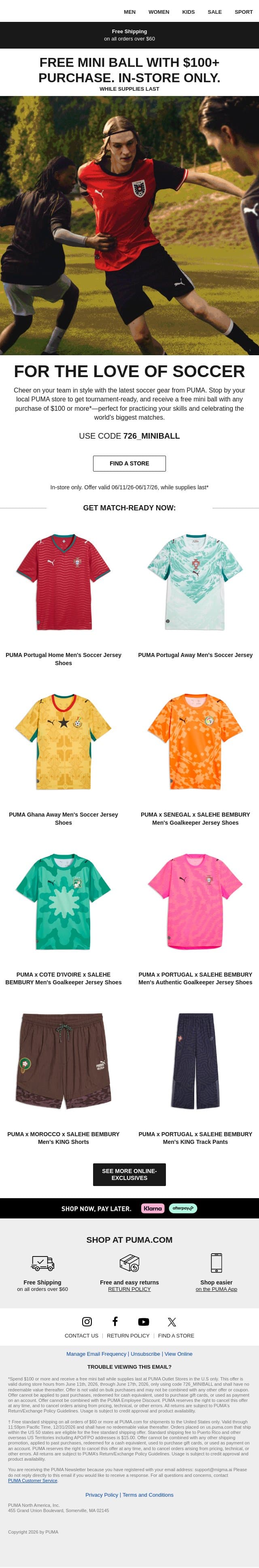 Game On: Free Mini Soccer Ball with $100+ Purchase email from Puma screenshot
