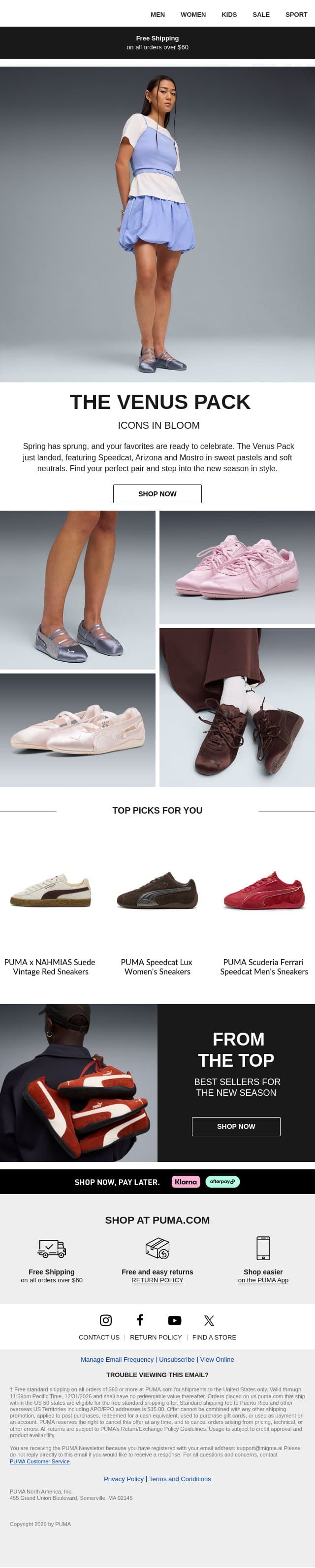 The Venus Pack is Blooming email from Puma screenshot