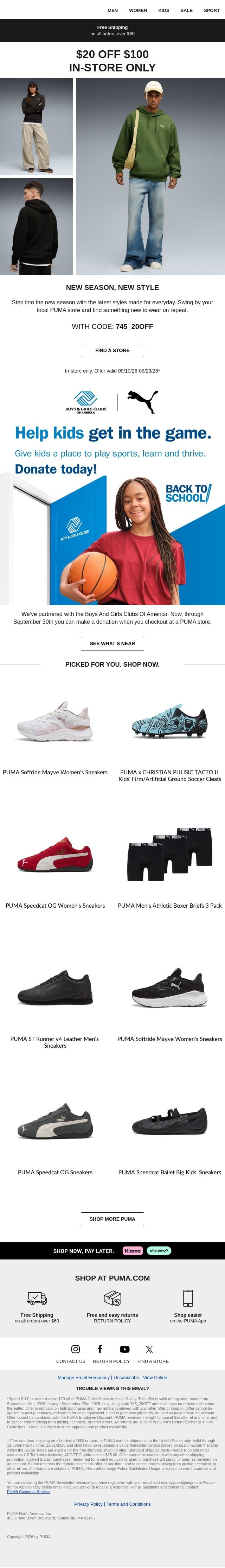 Fall Favorites: $20 Off $100 email from Puma screenshot
