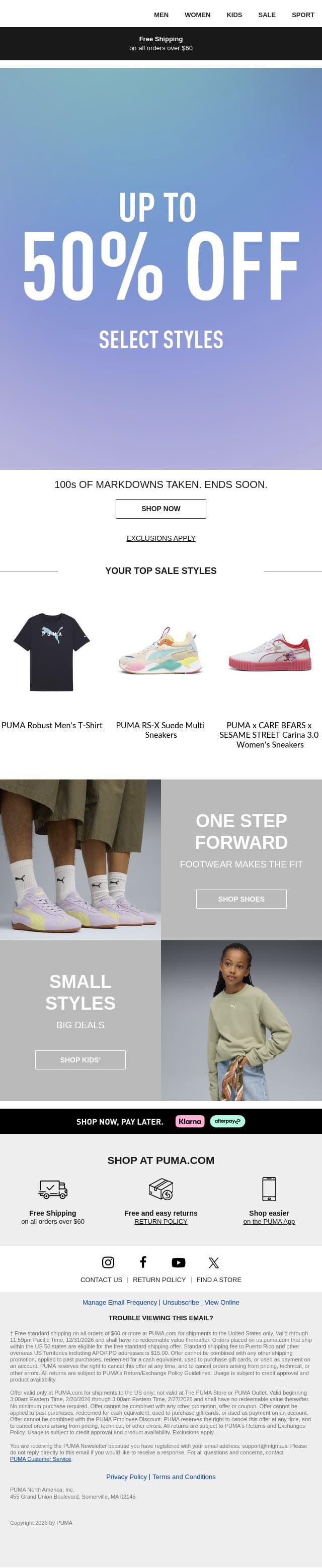 Happening Now: Up to 50% Off email from Puma screenshot