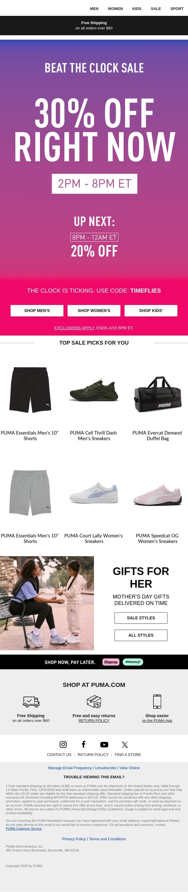 Til Tonight ONLY: 30% Off email from Puma screenshot