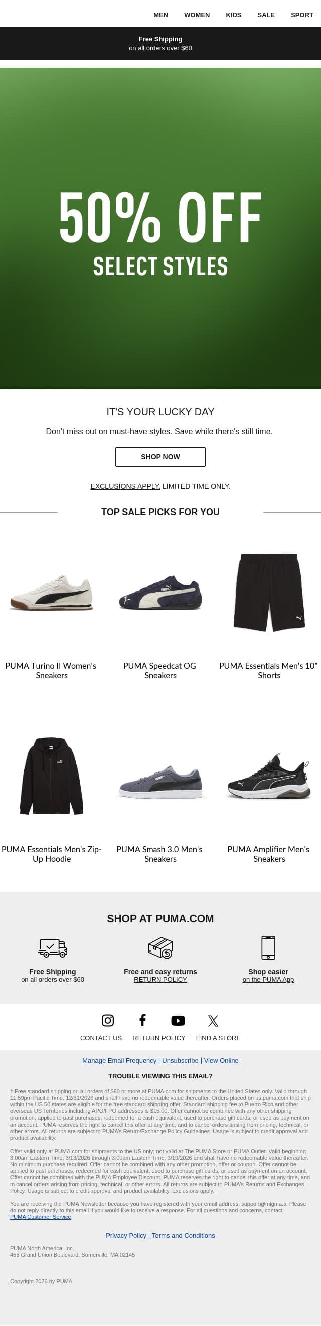Reminder: 50% Off Select Styles email from Puma screenshot