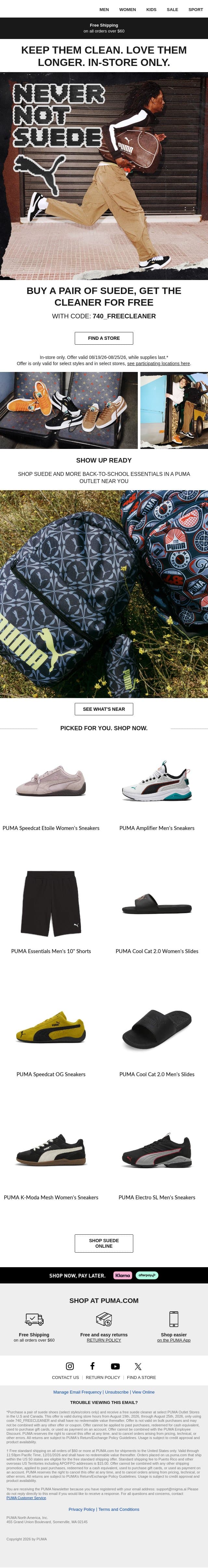 Free Suede Cleaner With Purchase of a Pair of Suede: In Store Only email from Puma screenshot