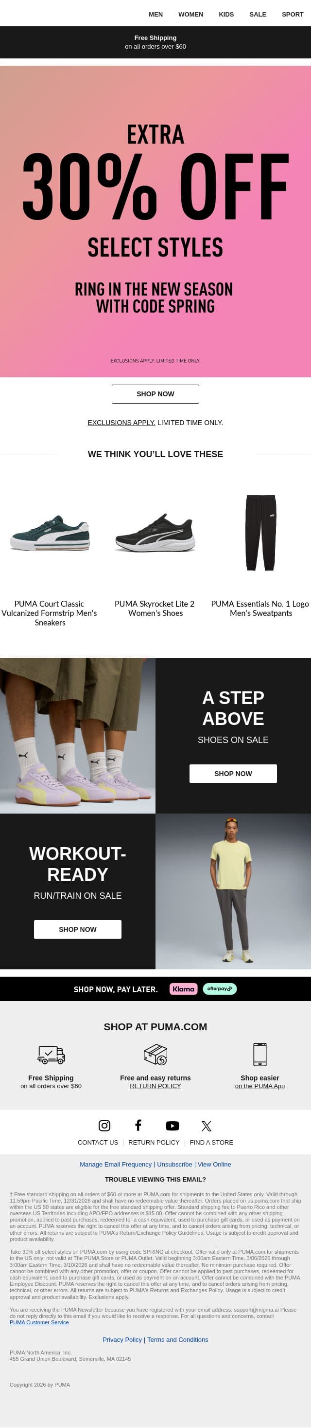 Take 30% Off NOW email from Puma screenshot