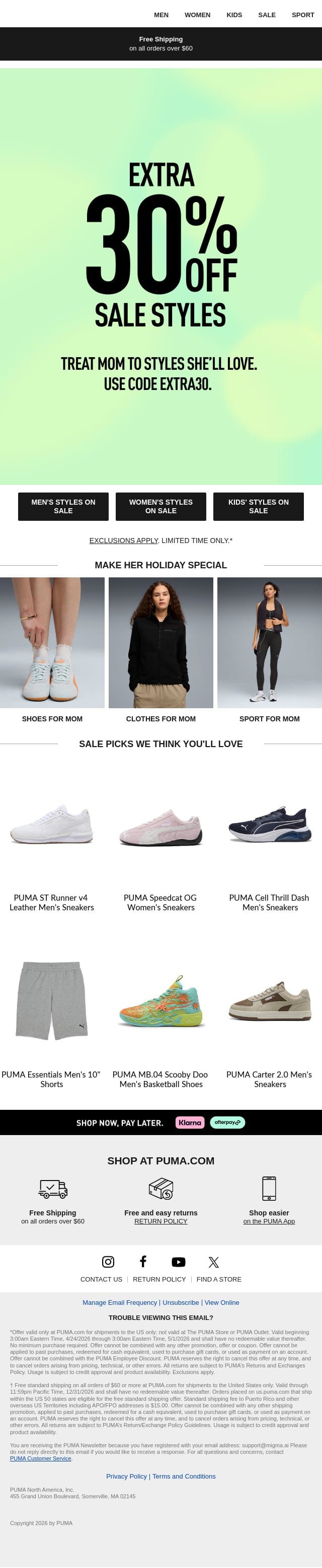 Starts Now: Extra 30% Off Sale email from Puma screenshot