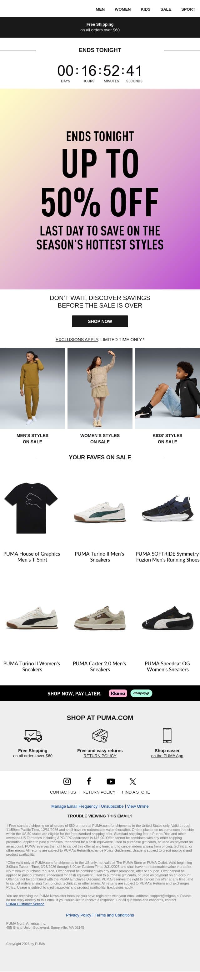 Don’t Miss Out On up to 50% Off email from Puma screenshot