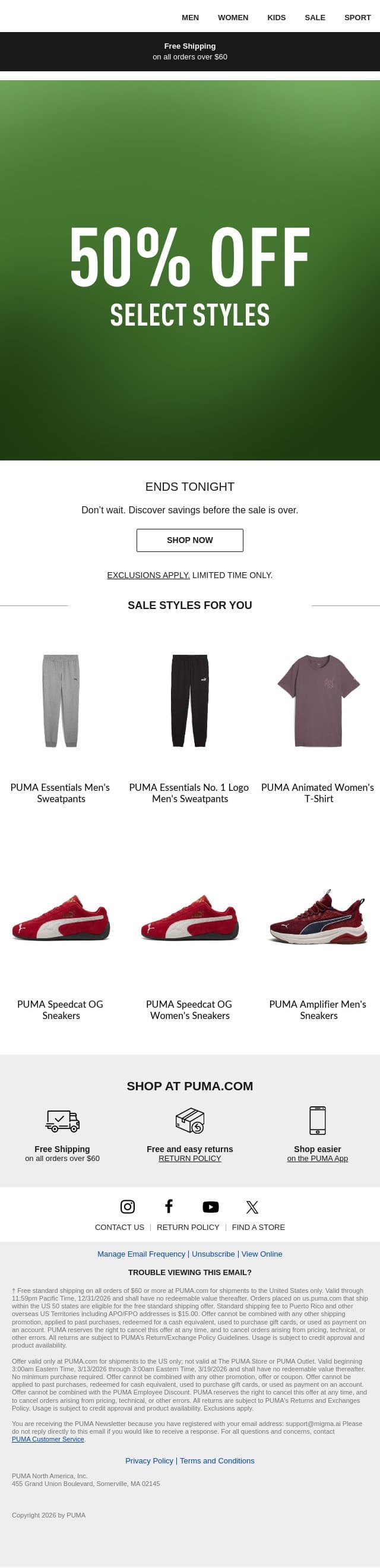 Don’t Miss Out: 50% Off Select Styles email from Puma screenshot