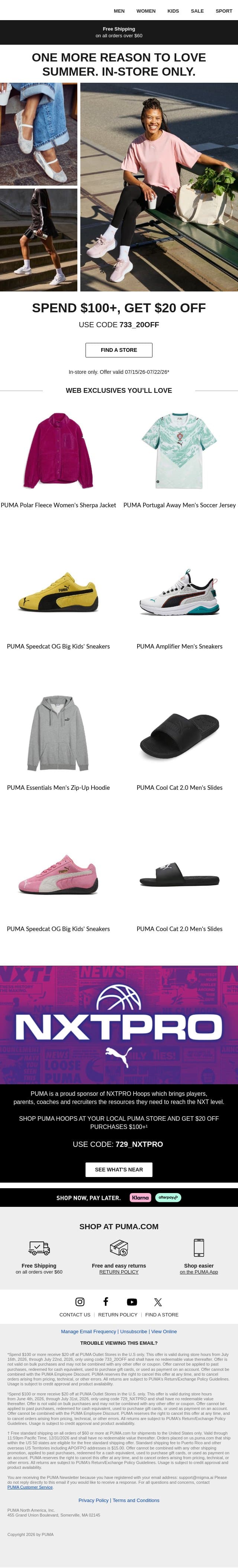 Save $20 on $100 email from Puma screenshot