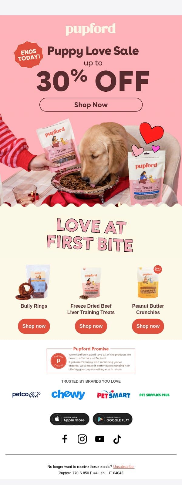 Last chance: Up to 30% off treats ❤️ email from Pupford screenshot