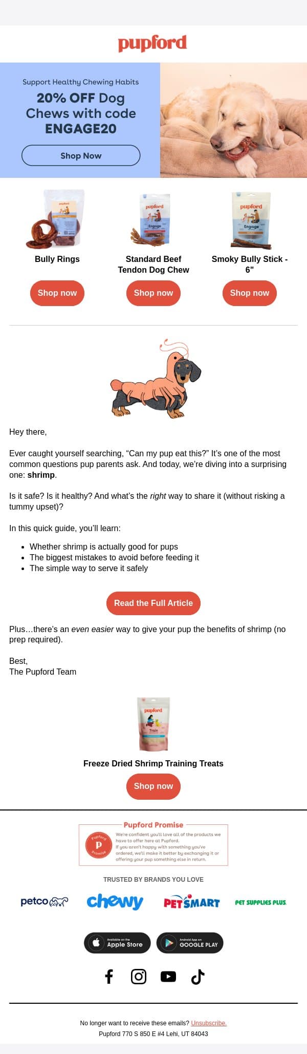 Can pups eat shrimp? email from Pupford screenshot