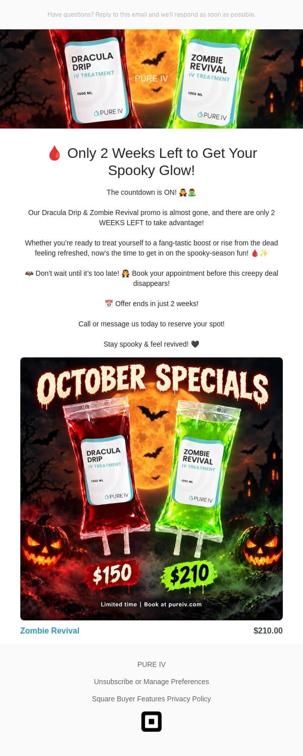 150$ Dracula Drip email from Pure IV screenshot
