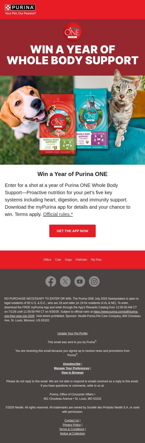 Win a Year of Purina ONE email from Purina screenshot