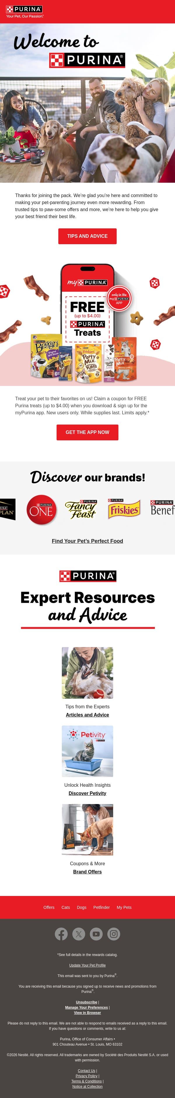 🐾 Welcome to Purina and Our Brands 🐾 email from Purina screenshot