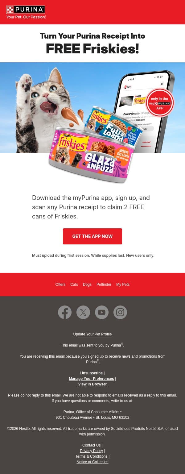 Your receipt = FREE Friskies 🐱 email from Purina screenshot