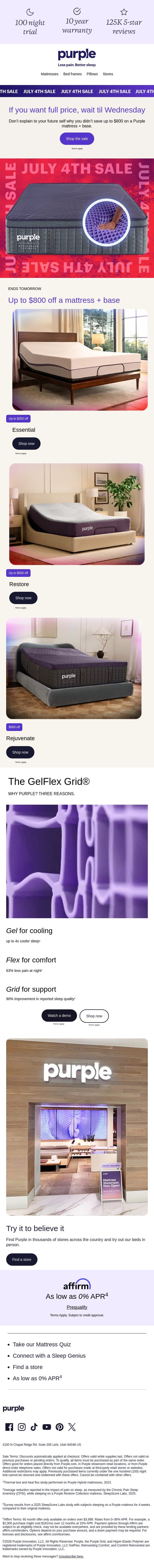 Oh man you missed the sale. Kidding. email from Purple screenshot