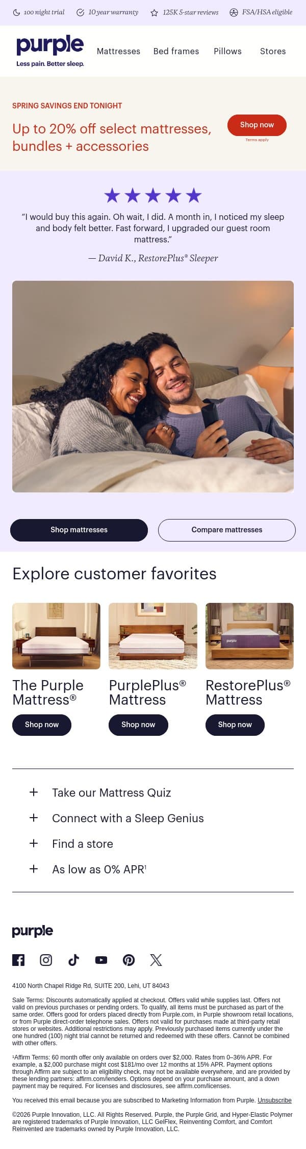 ENDS TONIGHT! Up to 20% off select mattresses + accessories email from Purple screenshot