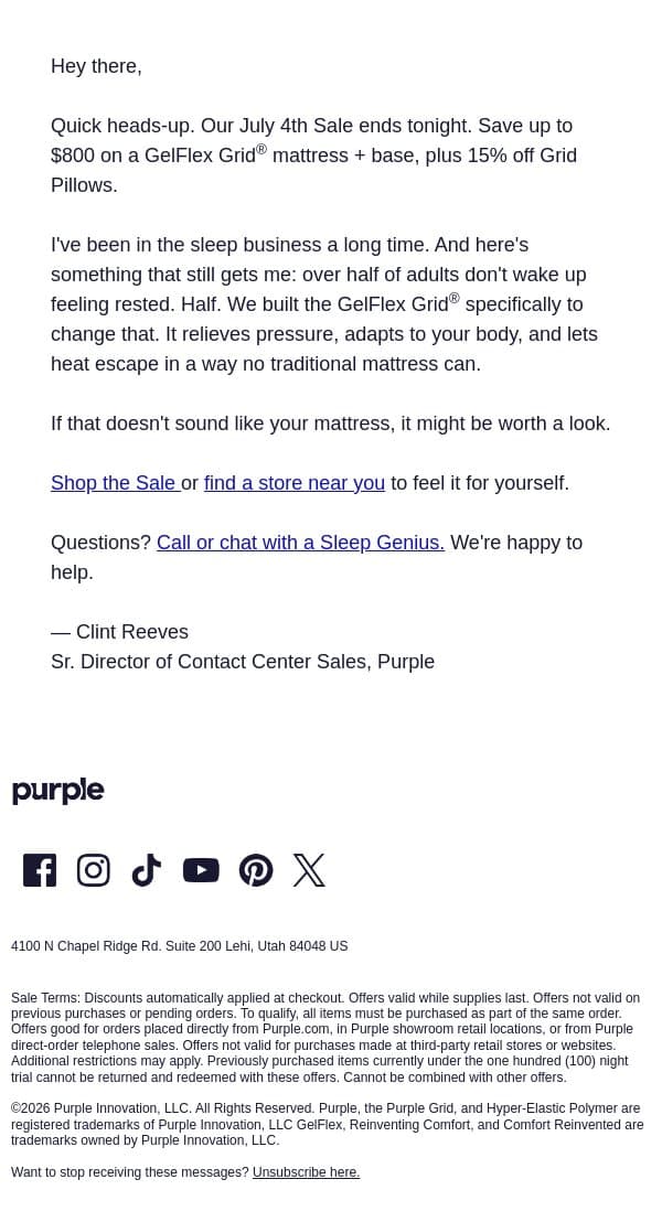 An honest question about your sleep. email from Purple screenshot