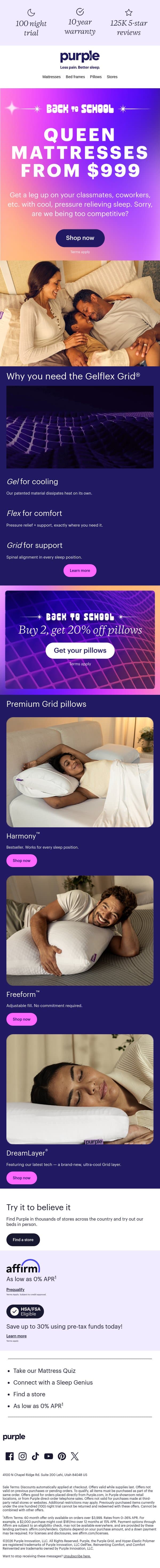 Queen mattress starting at $999? That’s worth a look. email from Purple screenshot
