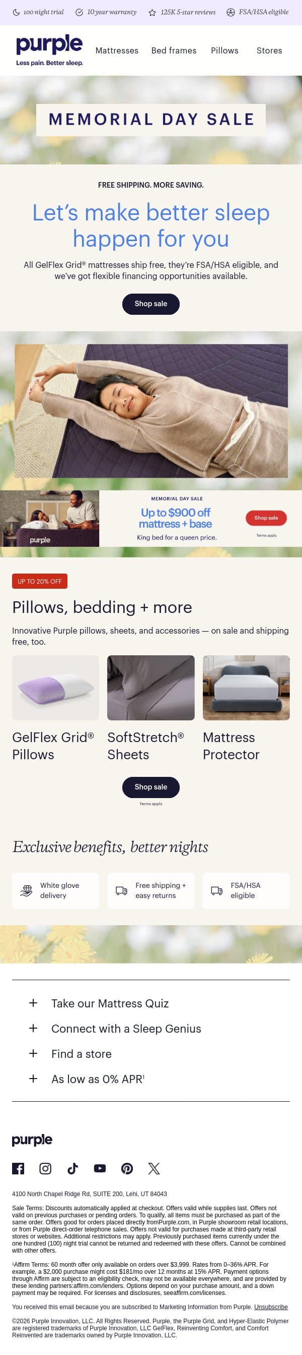 Free shipping. FSA/HSA eligible. Up to $900 off. email from Purple screenshot