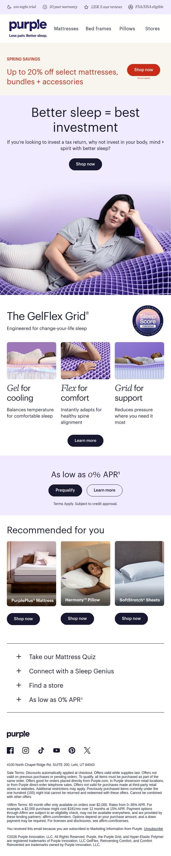 Tax return burning a hole in your pocket? email from Purple screenshot
