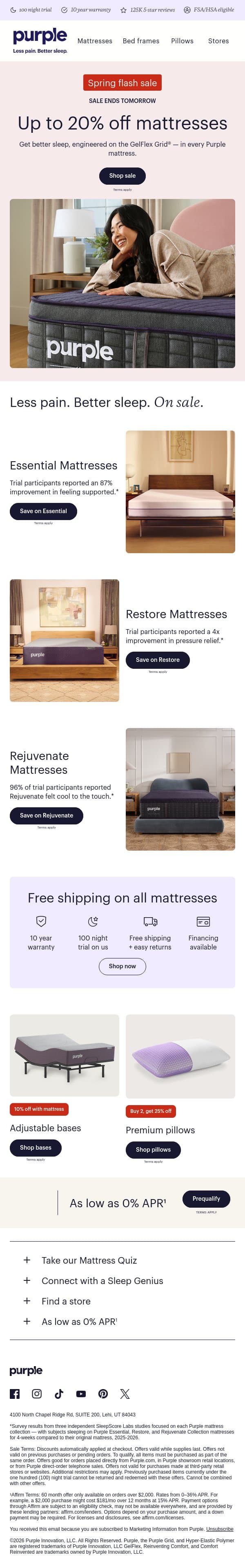 ENDS TOMORROW! Up to 20% off mattresses email from Purple screenshot