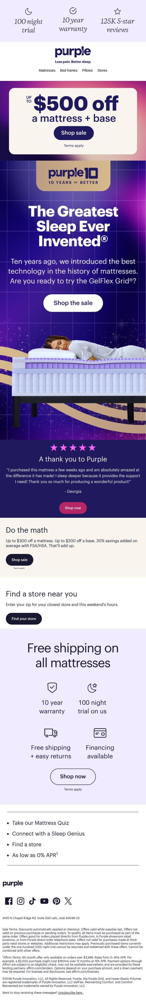 We turned ten, and we’re celebrating. email from Purple screenshot