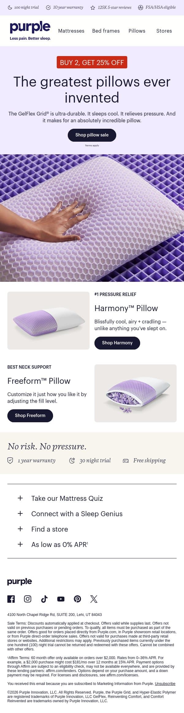 Buy 2, get 25% off GelFlex Grid pillows email from Purple screenshot