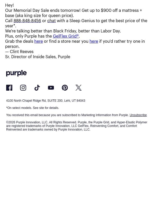 Don't miss out — best prices of the year end tomorrow! email from Purple screenshot