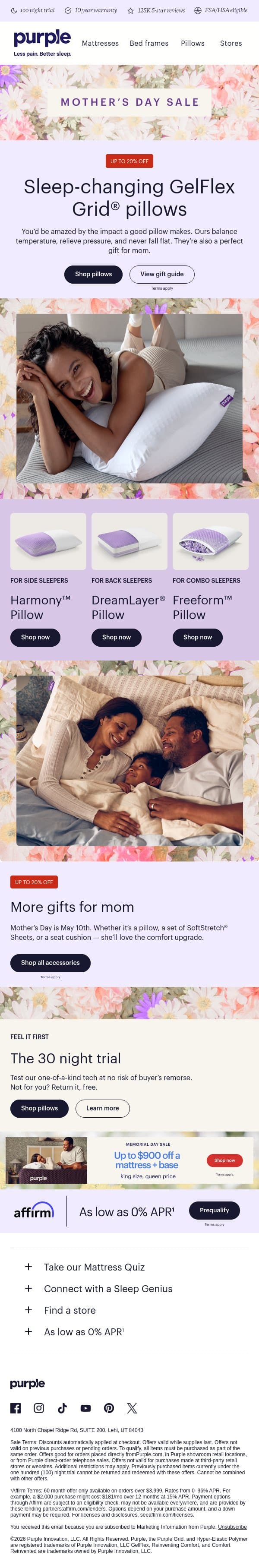 Moms LOVE Purple pillows email from Purple screenshot