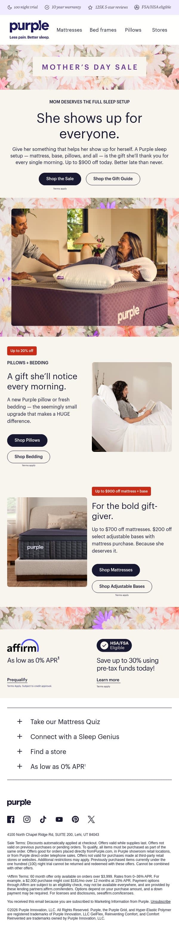 Give Mom the gift of better sleep email from Purple screenshot