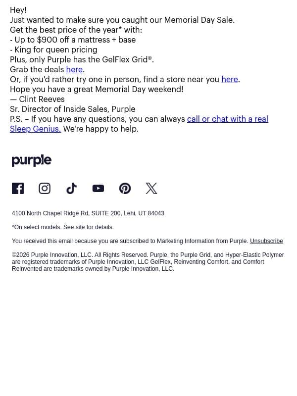 The best price of the year is happening right now! email from Purple screenshot