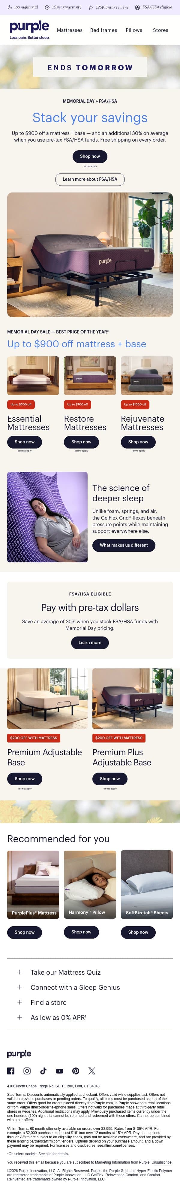 Stacked savings ends tomorrow! email from Purple screenshot