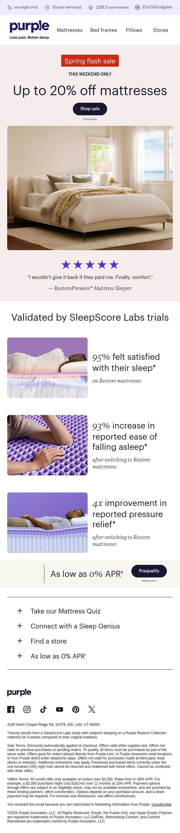 FLASH SALE: Up to 20% off mattresses email from Purple screenshot
