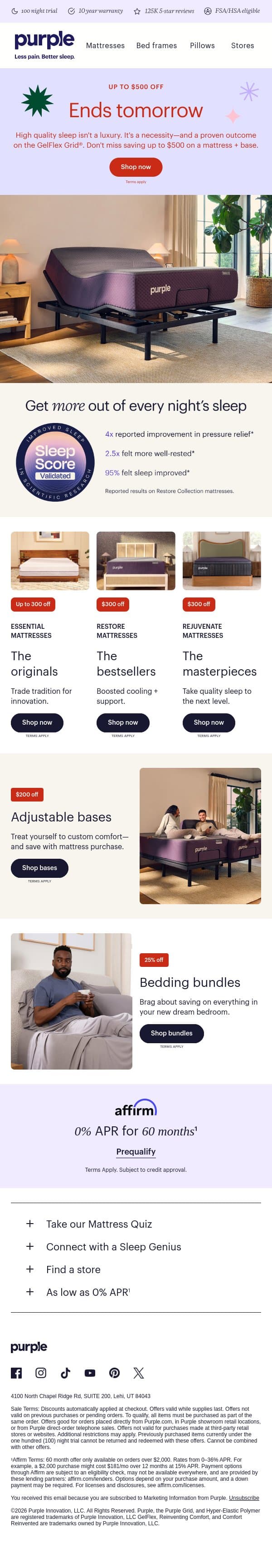 ENDS TOMORROW: Up to $500 off email from Purple screenshot