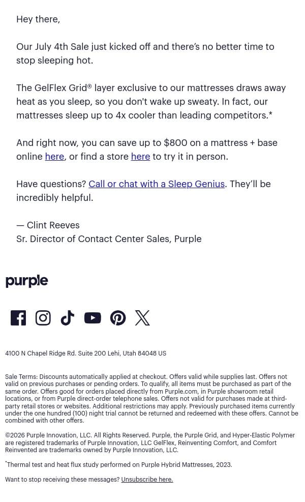 As a sleep guy, this one bothers me. email from Purple screenshot
