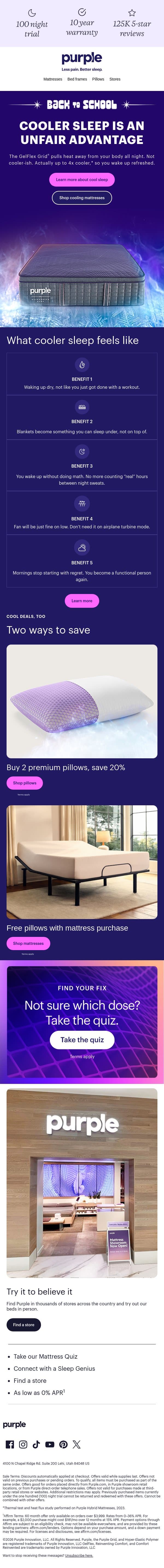 Sleeping hot? You won’t on the Grid. email from Purple screenshot