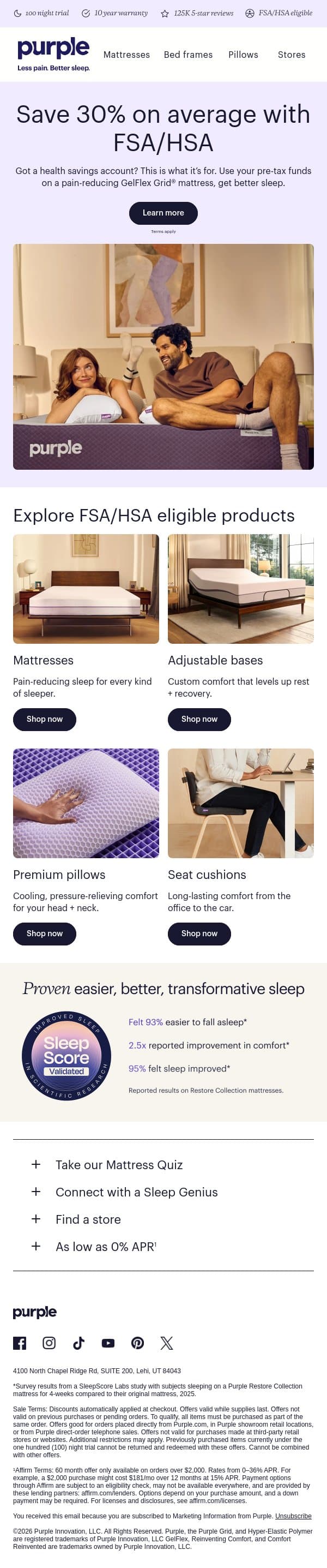 Painful sleep? We’re FSA/HSA eligible. email from Purple screenshot